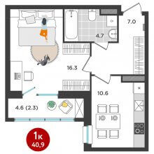 1-комн. квартира в ЖК Орсо дом на Елькина 14, 40.90 м²