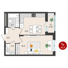 1-комн. квартира в ЖК Орсо дом на Елькина 14, 42.30 м²