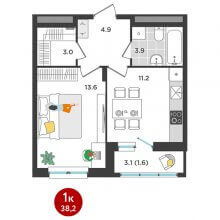 1-комн. квартира в ЖК Орсо дом на Елькина 14, 38.20 м²