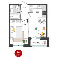 1-комн. квартира в ЖК Орсо дом на Елькина 14, 37.40 м²