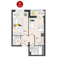 1-комн. квартира в ЖК Орсо дом на Елькина 14, 40.50 м²