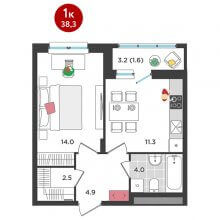 1-комн. квартира в ЖК Орсо дом на Елькина 14, 38.30 м²