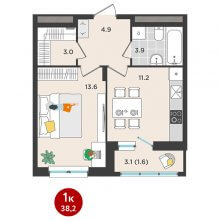 1-комн. квартира в ЖК Орсо дом на Елькина 14, 38.20 м²