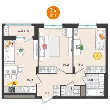 2-комн. квартира в ЖК Орсо дом на Елькина 14, 57.70 м²