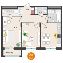 2-комн. квартира в ЖК Орсо дом на Елькина 14, 62.90 м²