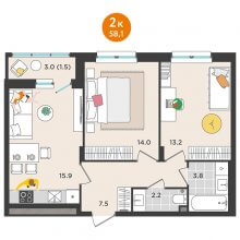2-комн. квартира в ЖК Орсо дом на Елькина 14, 58.10 м²
