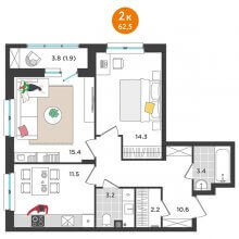 2-комн. квартира в ЖК Орсо дом на Елькина 14, 62.50 м²