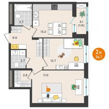 2-комн. квартира в ЖК Орсо дом на Елькина 14, 56.70 м²