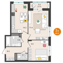 2-комн. квартира в ЖК Орсо дом на Елькина 14, 60.50 м²