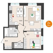 2-комн. квартира в ЖК Орсо дом на Елькина 14, 55.40 м²