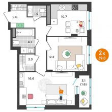 2-комн. квартира в ЖК Орсо дом на Елькина 14, 59.00 м²