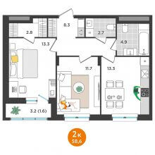 2-комн. квартира в ЖК Орсо дом на Елькина 14, 58.60 м²
