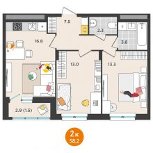 2-комн. квартира в ЖК Орсо дом на Елькина 14, 58.20 м²
