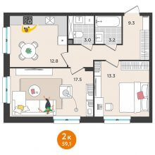 2-комн. квартира в ЖК Орсо дом на Елькина 14, 59.10 м²