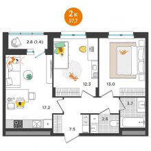 2-комн. квартира в ЖК Орсо дом на Елькина 14, 57.70 м²