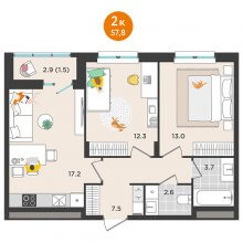 2-комн. квартира в ЖК Орсо дом на Елькина 14, 57.80 м²