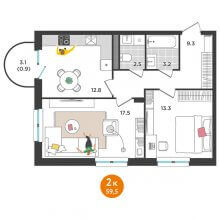 2-комн. квартира в ЖК Орсо дом на Елькина 14, 59.50 м²