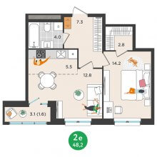 2-комн. евро квартира в ЖК Орсо дом на Елькина 14, 48.20 м²