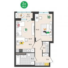 2-комн. евро квартира в ЖК Орсо дом на Елькина 14, 50.20 м²