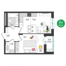 2-комн. евро квартира в ЖК Орсо дом на Елькина 14, 42.40 м²