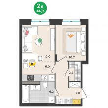 2-комн. евро квартира в ЖК Орсо дом на Елькина 14, 44.90 м²