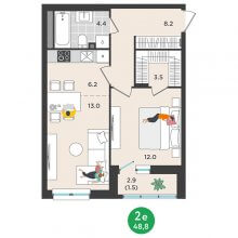 2-комн. евро квартира в ЖК Орсо дом на Елькина 14, 48.80 м²