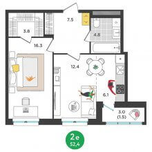 2-комн. евро квартира в ЖК Орсо дом на Елькина 14, 52.40 м²