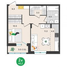 2-комн. евро квартира в ЖК Орсо дом на Елькина 14, 45.20 м²