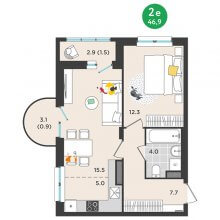 2-комн. евро квартира в ЖК Орсо дом на Елькина 14, 46.90 м²
