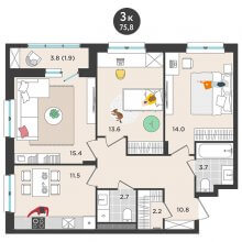 3-комн. квартира в ЖК Орсо дом на Елькина 14, 75.80 м²