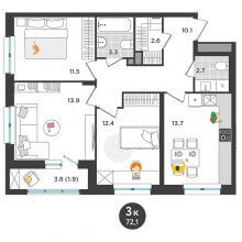 3-комн. квартира в ЖК Орсо дом на Елькина 14, 72.10 м²