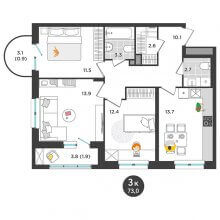 3-комн. квартира в ЖК Орсо дом на Елькина 14, 73.00 м²