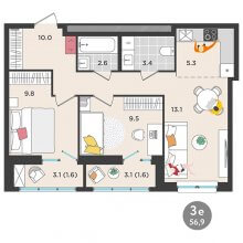 3-комн. евро квартира в ЖК Орсо дом на Елькина 14, 56.90 м²