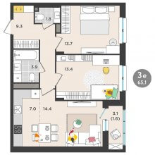 3-комн. евро квартира в ЖК Орсо дом на Елькина 14, 65.10 м²