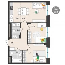 3-комн. евро квартира в ЖК Орсо дом на Елькина 14, 57.80 м²